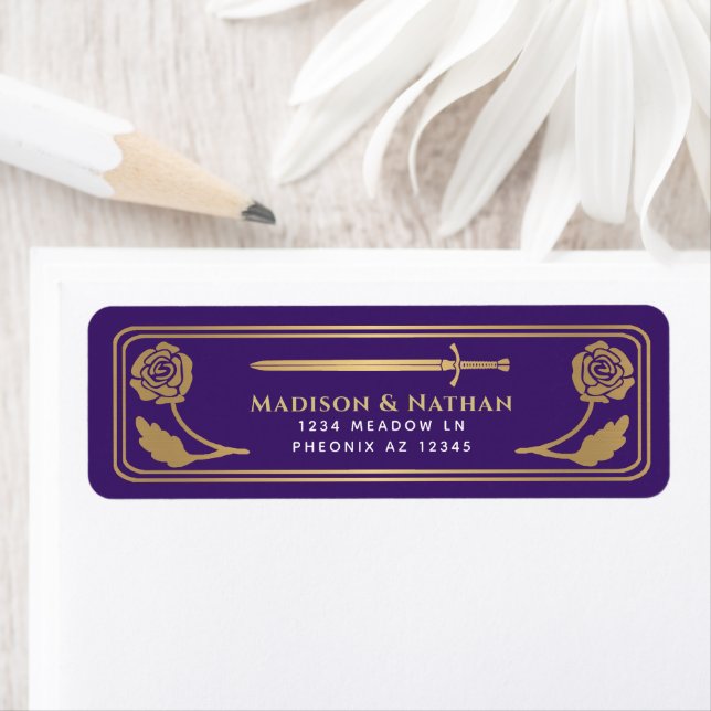Etiqueta Gold Purple Medieval Fantasy Sword Wedding Label (Insitu)