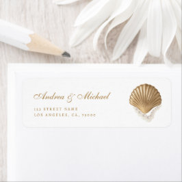 Etiqueta Gold Seashell Coastal Wedding Address Label