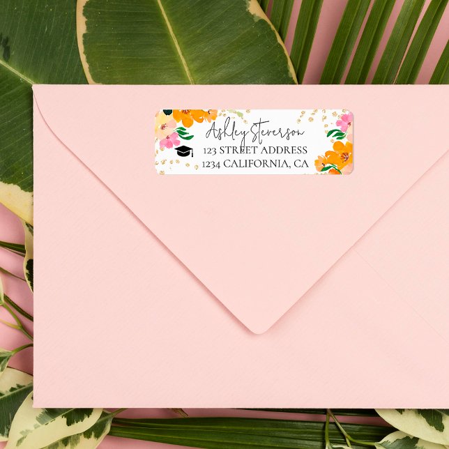 Etiqueta Graduação botânica laranja floral com brilho Doura (Gold glitter floral orange botanical graduation label)