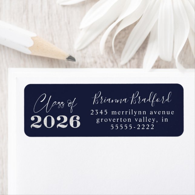 Etiqueta Graduation 2026 Navy Blue Silver Glitter (Insitu)