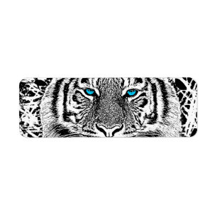 Etiqueta Gráfico preto e branco do tigre dos olhos azuis