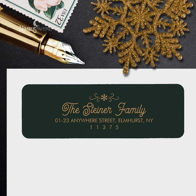 Etiqueta Green and Gold Snowflake Winter Address Label (Criador carregado)