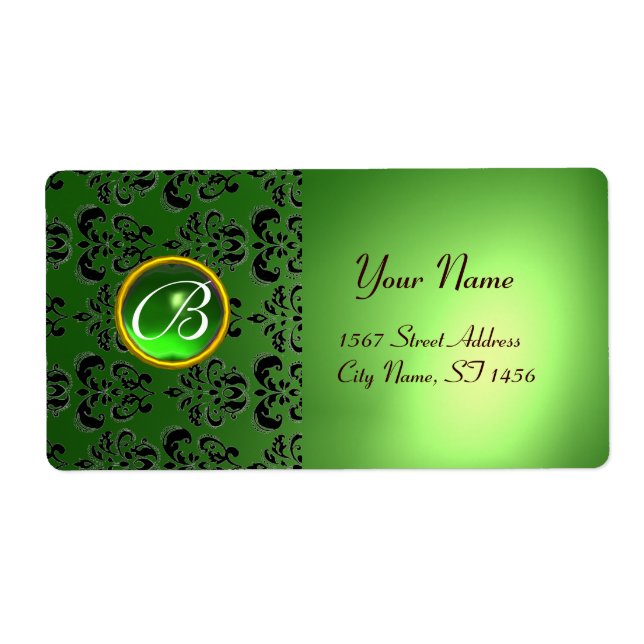 Etiqueta GREEN BLACK DAMASK MONOGRAM,emerald (Frente)