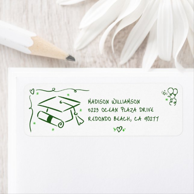 Etiqueta Green Hand Drawn Doodle Graduate Cap White Address (Insitu)