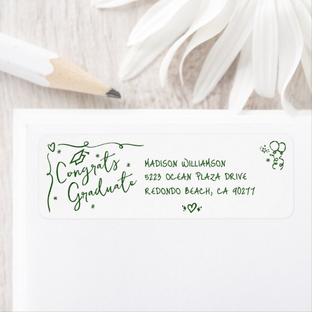 Etiqueta Green Hand Drawn Doodle Graduation White Address (Insitu)