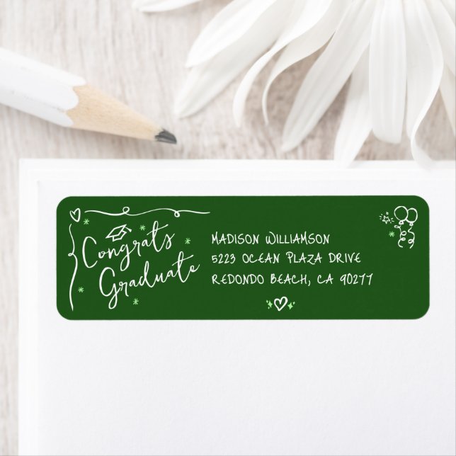 Etiqueta Green Hand Drawn Doodle Style Graduation Address (Insitu)