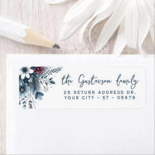 Etiqueta Grinalda de Natal Floral Azul Teal Escuro com Verm