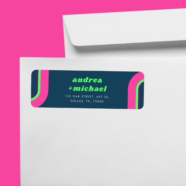 Etiqueta Groovy Rainbow Pink Teal Verde limão Retro Casamen (Criador carregado)