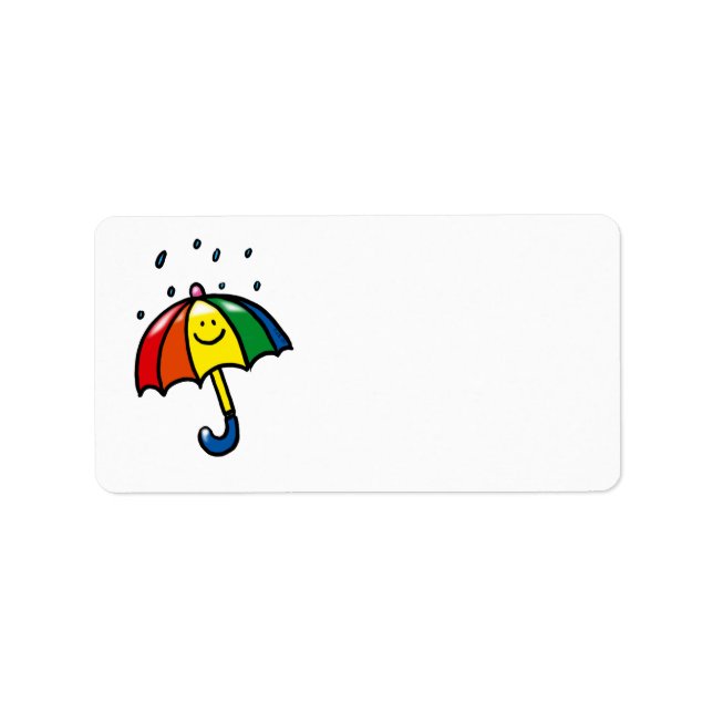 Etiqueta Guarda-chuva arco-íris e gotas de chuva (Frente)