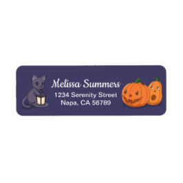 Etiqueta Halloween Black Cat Pumpkins Purple Return Address