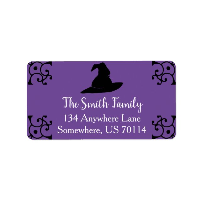 Etiqueta Halloween Black Witch Hat & Purple (Frente)