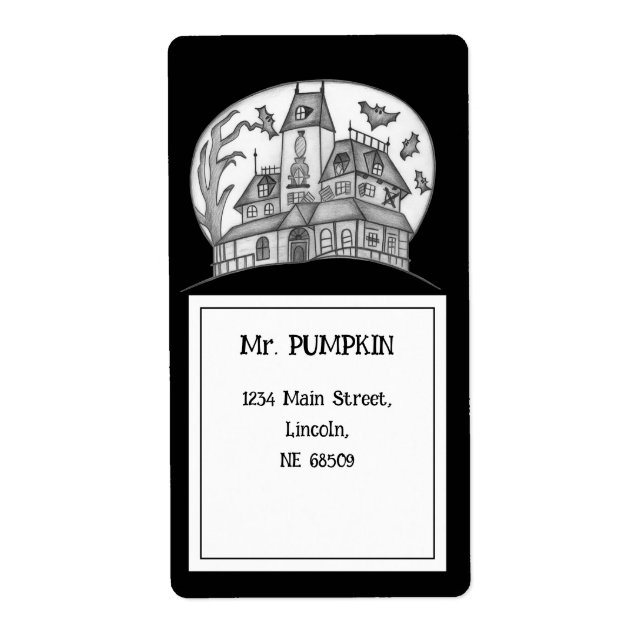 Etiqueta Halloween, Casa Assombrada e Morcegos (Frente)