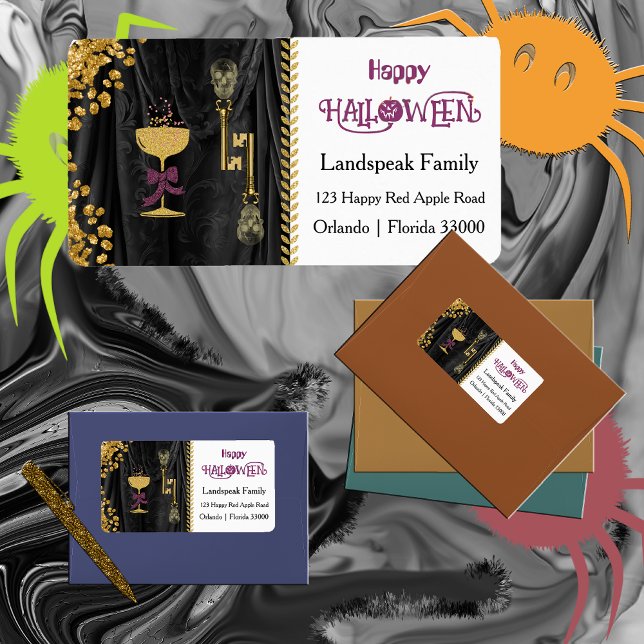 Etiqueta Halloween Dourado Brilho Caveiras & Champanhe com  (Criador carregado)