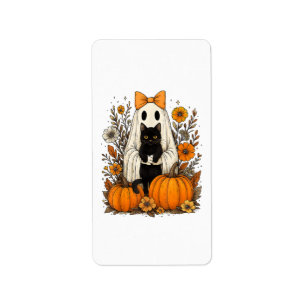 Etiqueta Halloween Ghost segurando gato preto