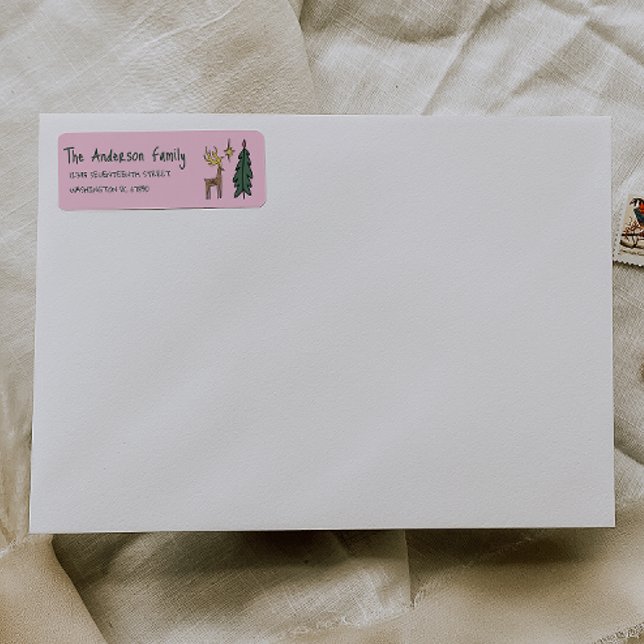 Etiqueta Hand Painted Pink Christmas Tree Reindeer Address (Criador carregado)