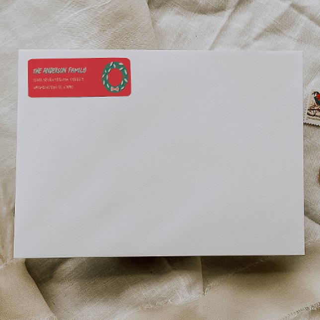 Etiqueta Hand Painted Red Green Christmas Wreath Address (Criador carregado)