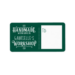 Etiqueta Handmade personalizado verde com amor na oficina