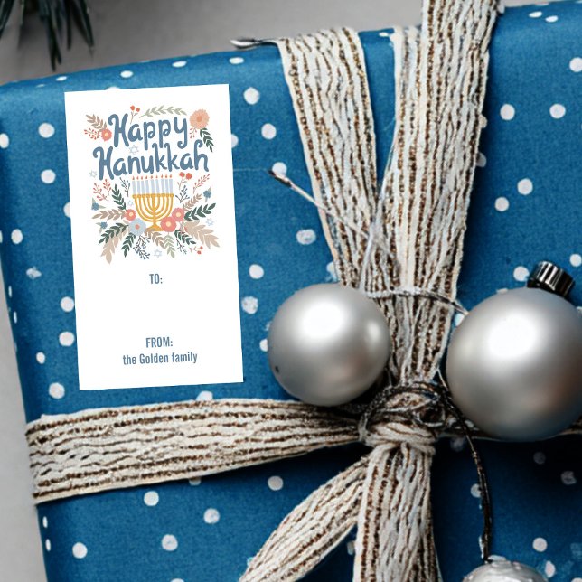 Etiqueta Hanukkah FLorals PERSONALIZADO, desenhado à mão, P (Hanukkah FLorals Hand-drawn CUSTOM TO FROM Gift Label Sticker
)