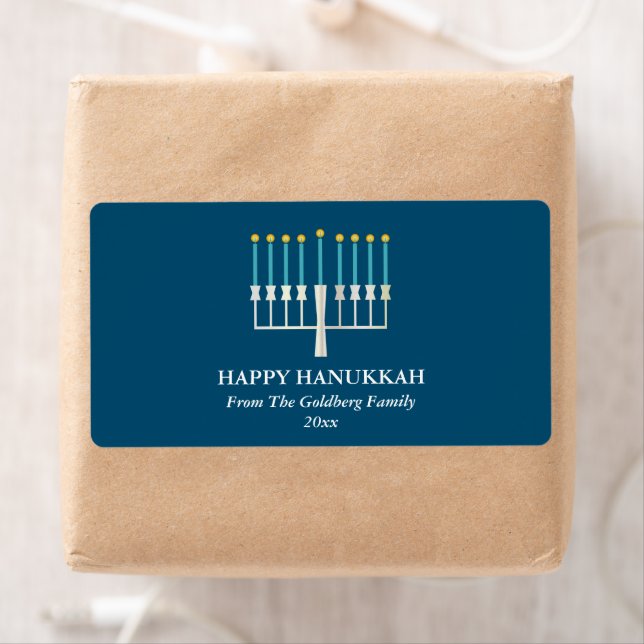 Etiqueta Hanukkah Menorah em Azul Personalizado (Insitu)