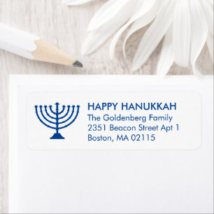 Etiqueta Hanukkah menorah personalizada azul branco simples