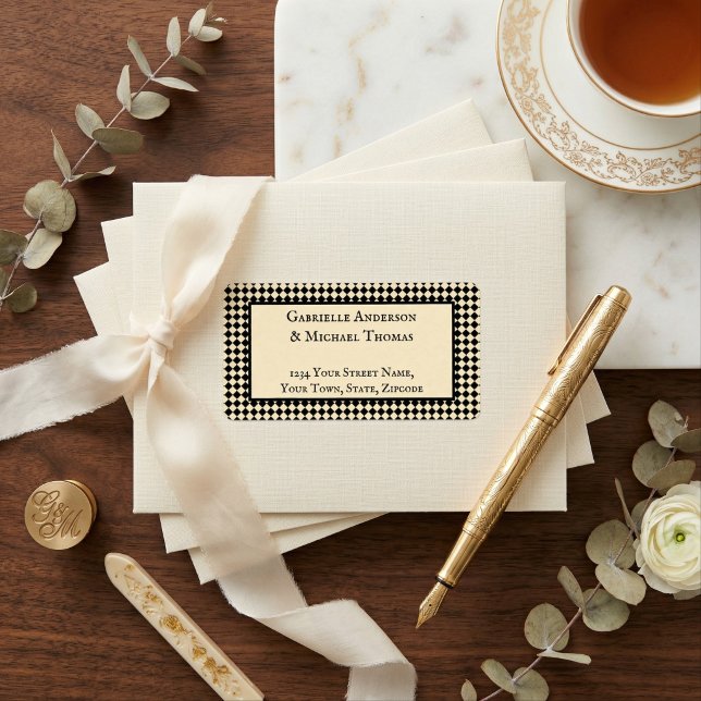 Etiqueta Harlequin Black Cream Text Border Address Labels (Criador carregado)