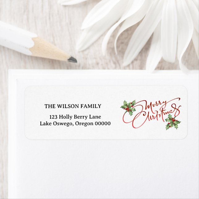 Etiqueta Holly Berry Gradient Red Script Feliz Natal (Insitu)