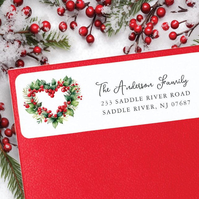 Etiqueta Holly Heart Wreath Holiday (Criador carregado)