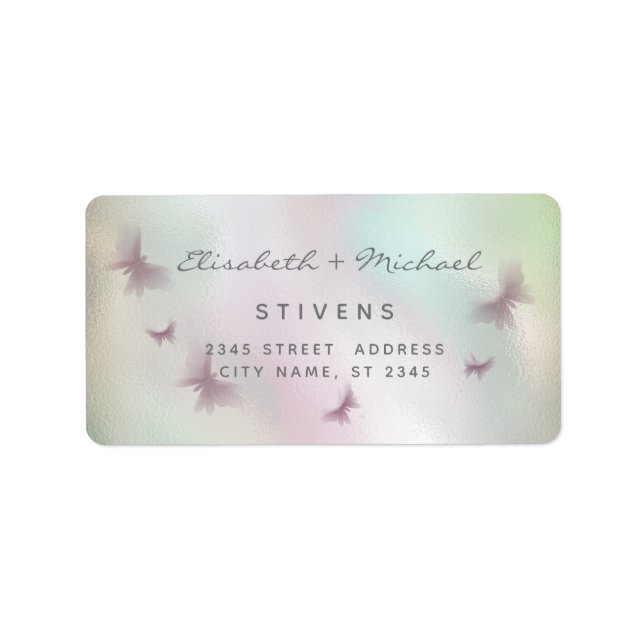 Etiqueta Holographic butterfly script wedding label (Frente)