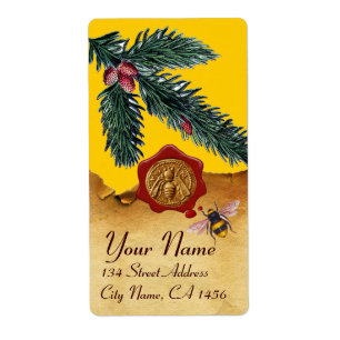 ETIQUETA HONEY BEE AND PINE BRANCH,BEEKEEPER RED WAX SEAL