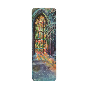 Etiqueta Igreja do natal vintage com janela de vitral