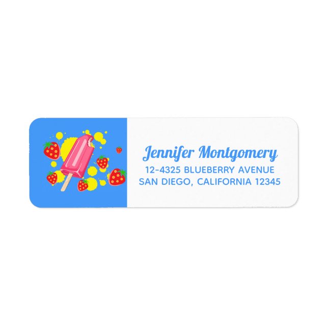 Etiqueta Ilustração do picolé rosa e morangos (Frente)