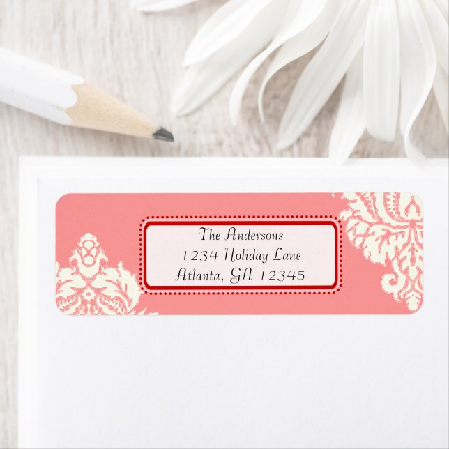 Etiqueta Ivory Damask a rosa com vermelho (Insitu)