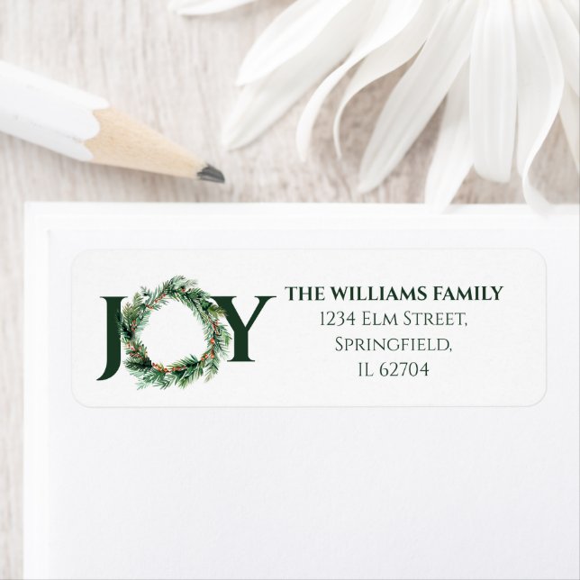 Etiqueta Joy Greenery no Natal Wreath Endereço de Regresso (Insitu)
