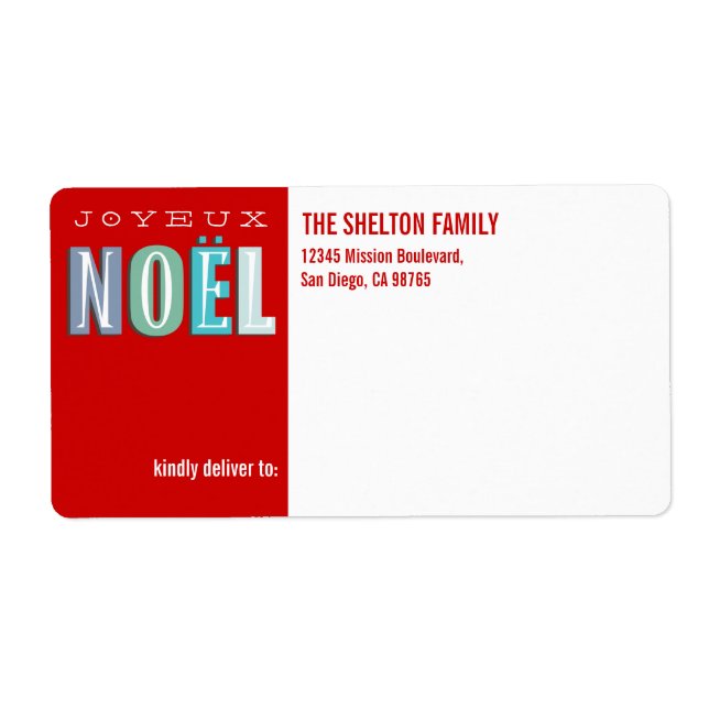 Etiqueta Joyeux Noel funky azul-vermelho Natal (Frente)