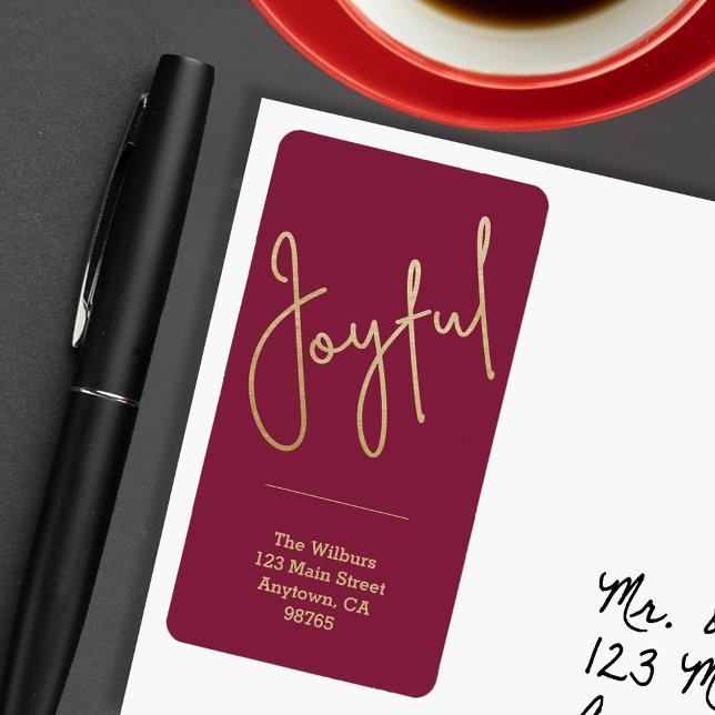 Etiqueta JOYFUL Dourado Faux Foil Cranberry Endereço (JOYFUL Faux Gold Foil on Cranberry Return Address Labels)