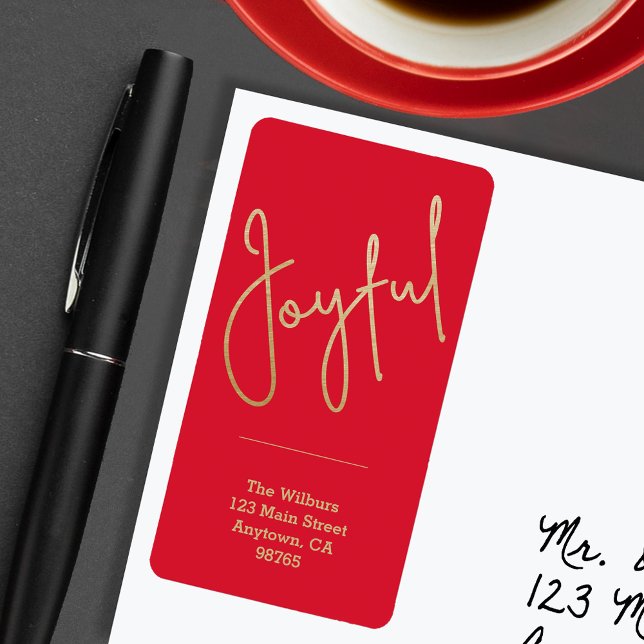 Etiqueta JOYFUL Dourado Faux Foil Red Christmas Address (JOYFUL Faux Gold Foil on Red  Return Address Labels)