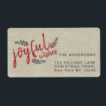 Etiqueta Joyful Rustic Linen Red Hand Lettered Christmas<br><div class="desc">Joyful deseja o Red Script e o Sketch Watercolor Berries no Beige Linen Rustic Christmas Card impresso . Design por Elke Clarke ©</div>