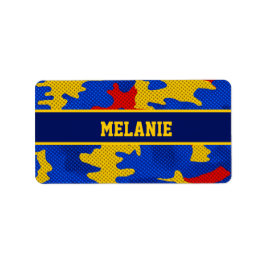 Etiqueta Kansas Blue Red Yellow Vibrant Camo Pattern