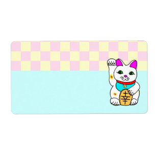 Etiqueta Kawaii Lucky Cat Maneki Neko Checkerboard