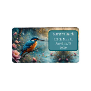 Etiqueta Kingfisher permeado sobre flores rosa-d'água