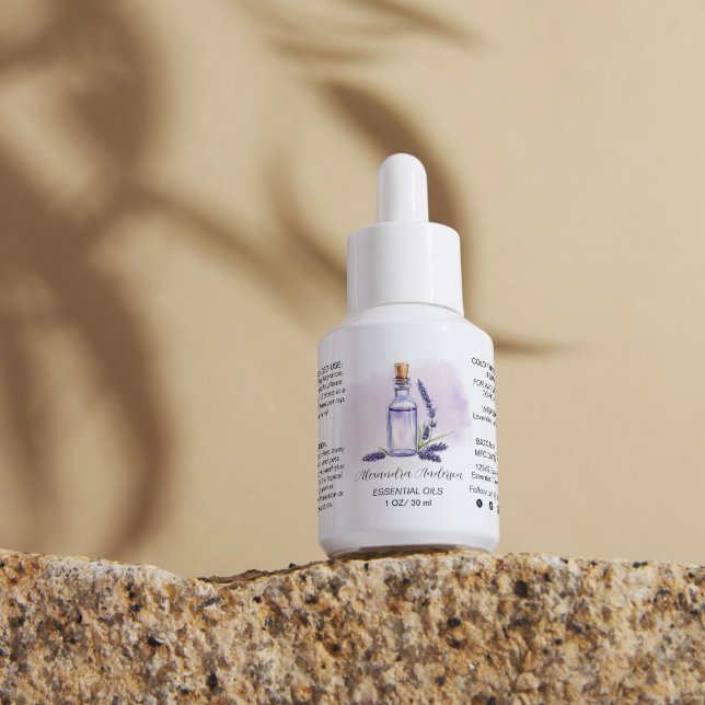 Etiqueta Lavanda Botânica Óleos Essenciais Aquarela (Botanical Lavender Essential Oils Watercolor Label)