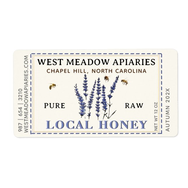 Etiqueta Lavanda e Abelhas Rótulo de Mel Bordo Tracejado (Frente)