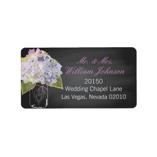 Etiqueta Lavanda Hydrangea Jar Chalkboard Nótulo de Casamen (Frente)