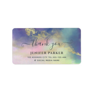 Etiqueta Letra holográfica dourada com obrigado de aquarel