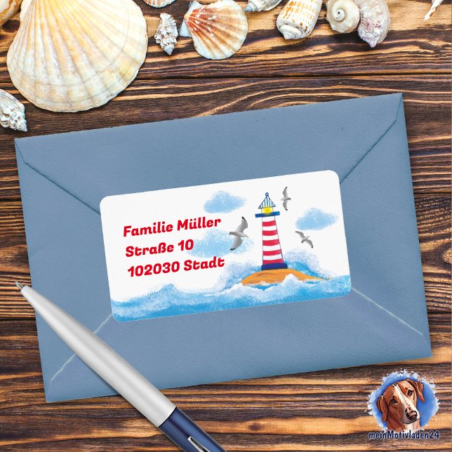 Etiqueta Leuchtturm & Möwen - handgemalt | maritimer (maritimer Adressaufkleber mit Leuchtturm und Möwen, Motiv liebevoll mit Acrylfarben handgemalt)