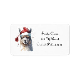 Etiqueta Lhama de Natal com Chapéu de Papai Noel em Aquarel