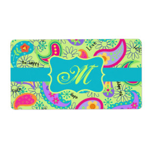 Etiqueta Lime Green Turquoise Modern Paisley Monogram