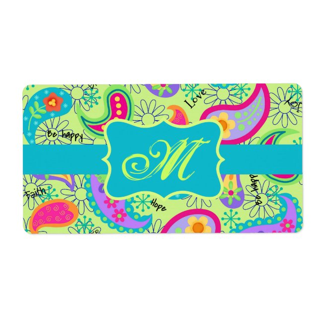 Etiqueta Lime Green Turquoise Modern Paisley Monogram (Frente)
