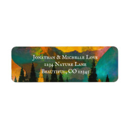 Etiqueta Linda morada de Montanhas Coloridas e Árvores