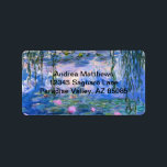 Etiqueta Lírios de água<br><div class="desc">Water Lily é uma série de mais de 200 pinturas a óleo do Impressionista Francês Claude Monet. Esta pintura,  completada em 1919,  apresenta tons de azul e rosa.</div>